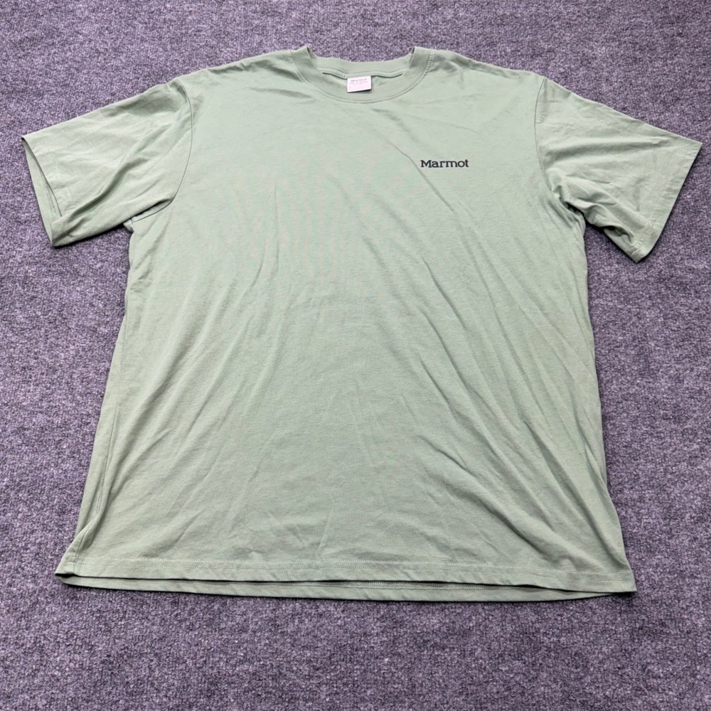 Marmot Mountain Works Mens XL Sage Green Graphic T-Shirt Marmot Hat M16654